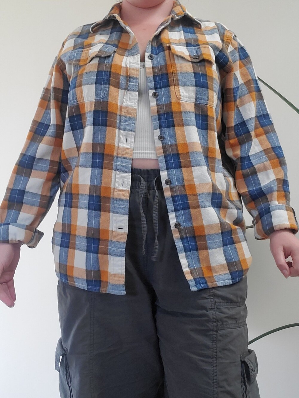 Old Navy blue and ochre (yellow) plaid flannel